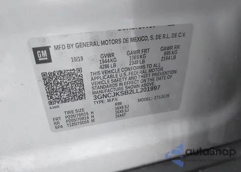 2020 Chevrolet Trax Fwd Ls из США, поврежденный, VIN 3GNCJKSB2LL201997